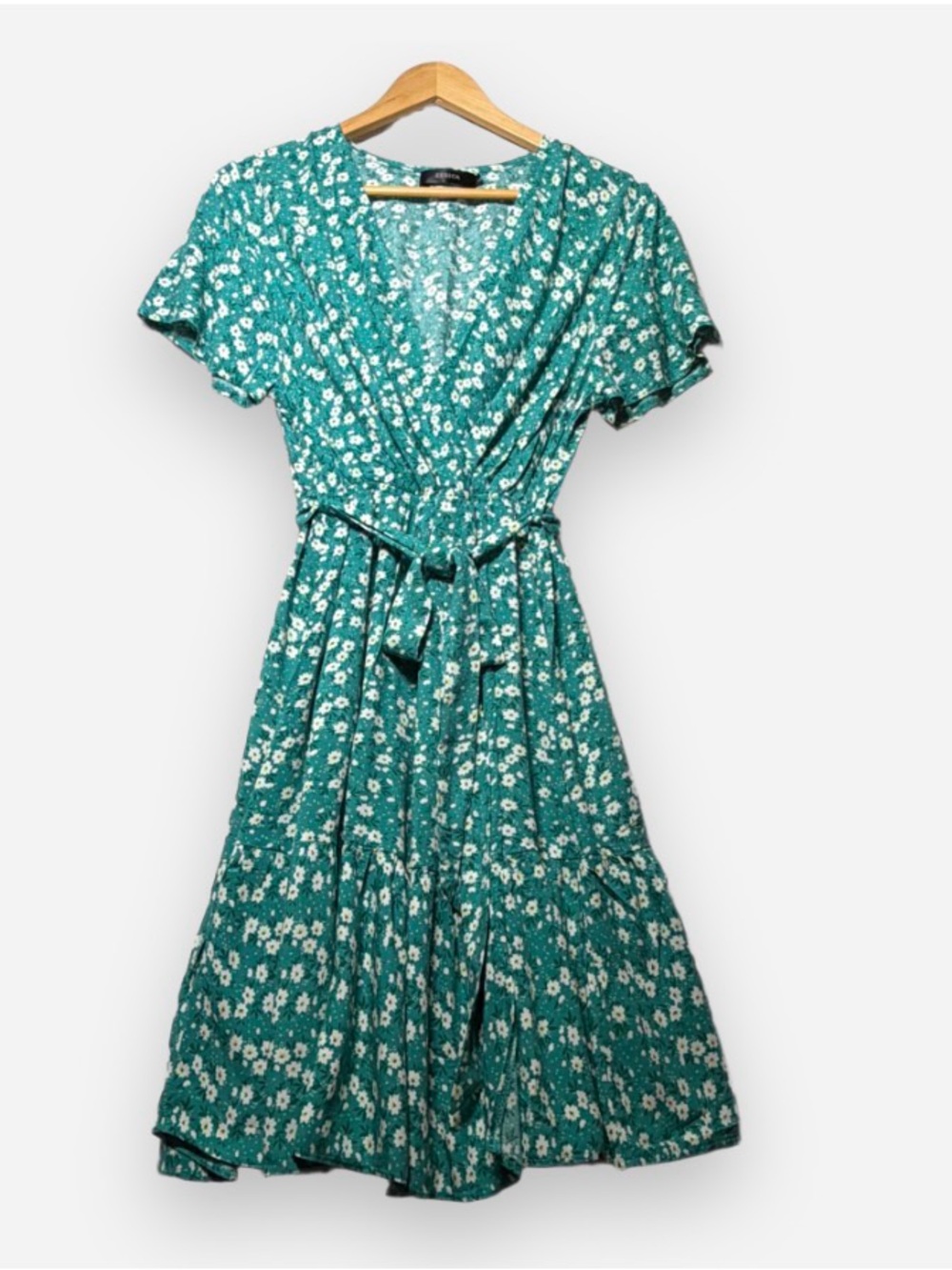 Teal Floral Wrap Midi Dress with Tie Waist
